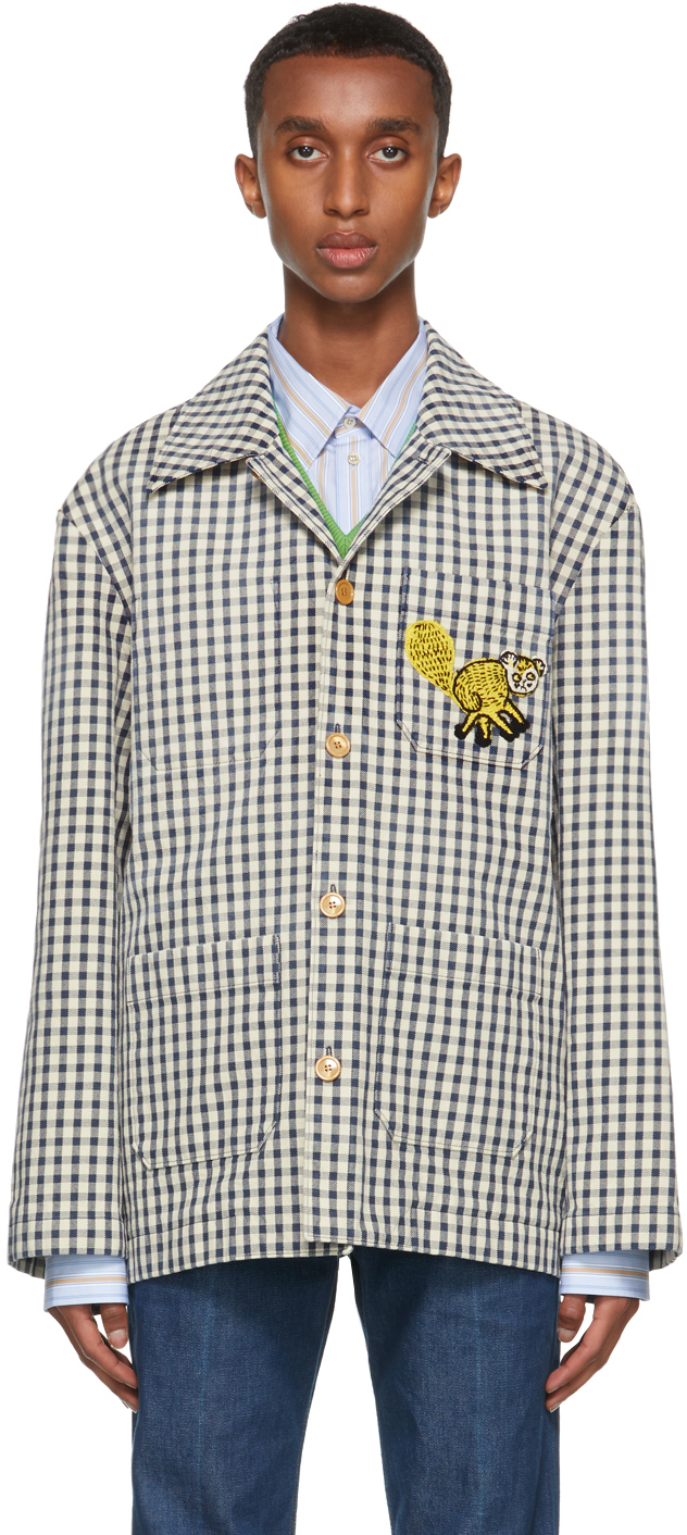 Gucci: Navy & White Freya Hartas Edition Gingham Jacket | SSENSE