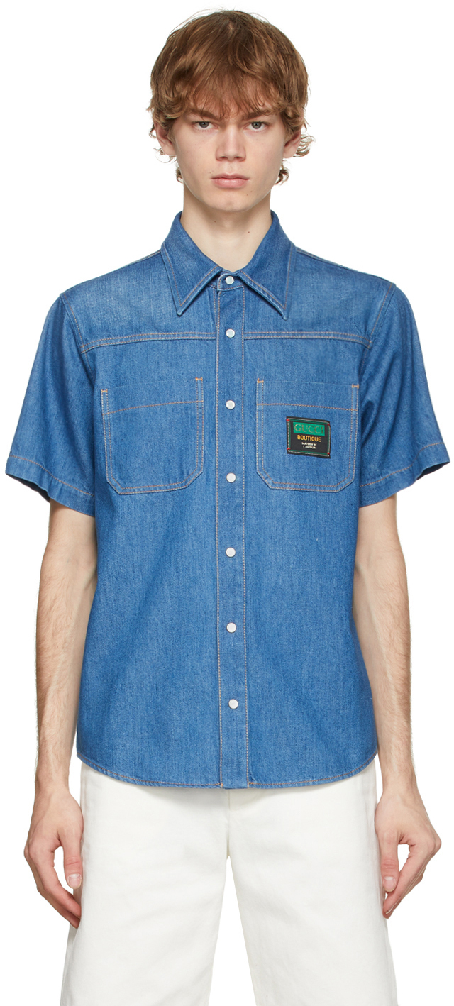 Blue Denim Boutique Patch Short Sleeve Shirt SSENSE Men Clothing Shirts Short sleeved Shirts 