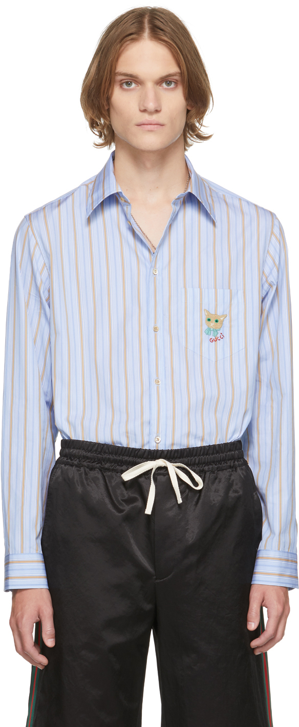 Gucci: Blue & Beige Striped Cat Patch Boxy Shirt | SSENSE