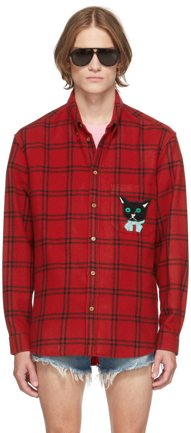 Gucci Red & Black Check Cat Patch Shirt
