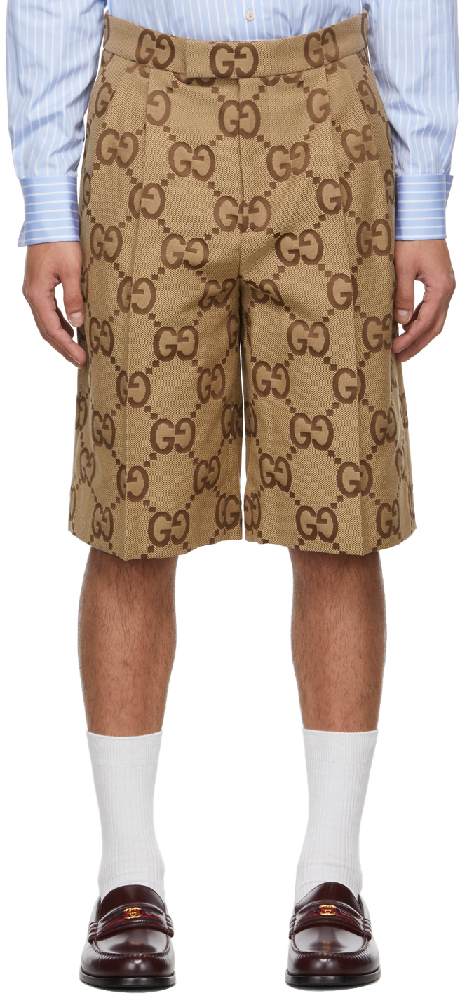 Gucci Gg-jacquard Cotton-blend Canvas Shorts In 2580 Camel/ebony