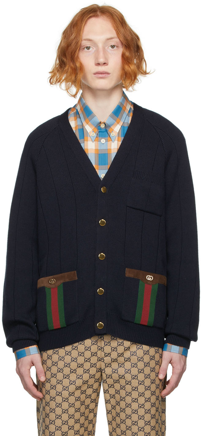 Navy Wool Web Cardigan