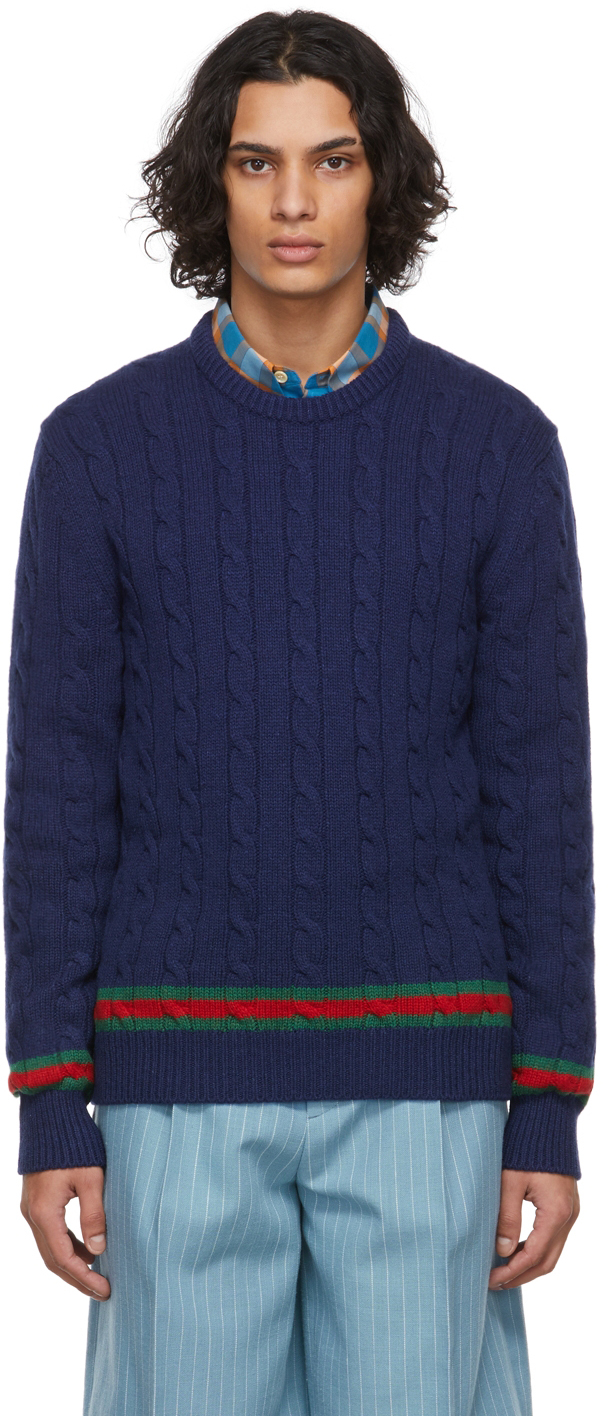 Gucci Striped Cable-knit Cashmere Sweater In 4684 Inchiostro/mc