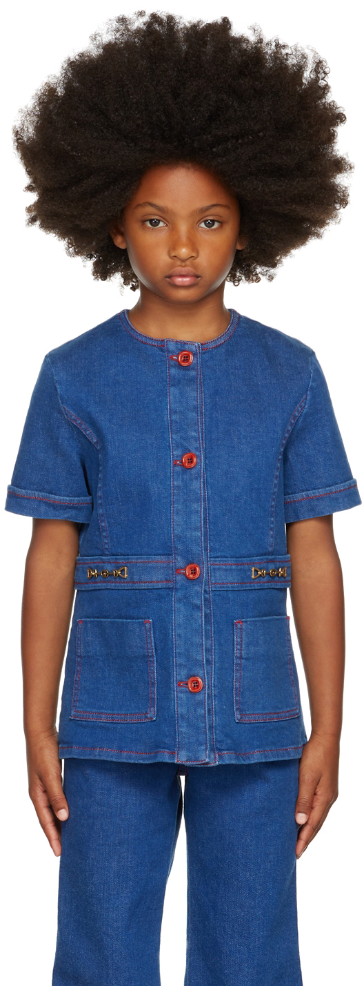 Kids Blue Denim Horsebit Short Sleeve Shirt Ssense Abbigliamento Camicie Camicie denim 
