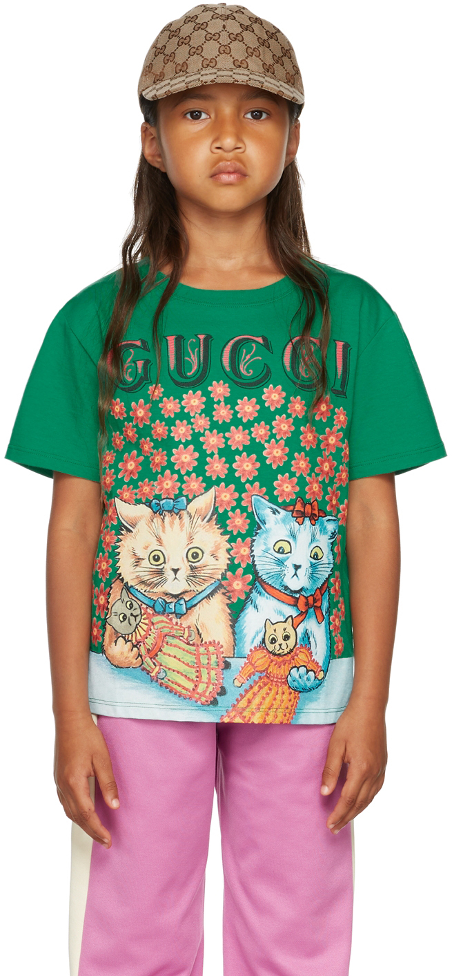Kids Green Cotton Cat Print T-Shirt