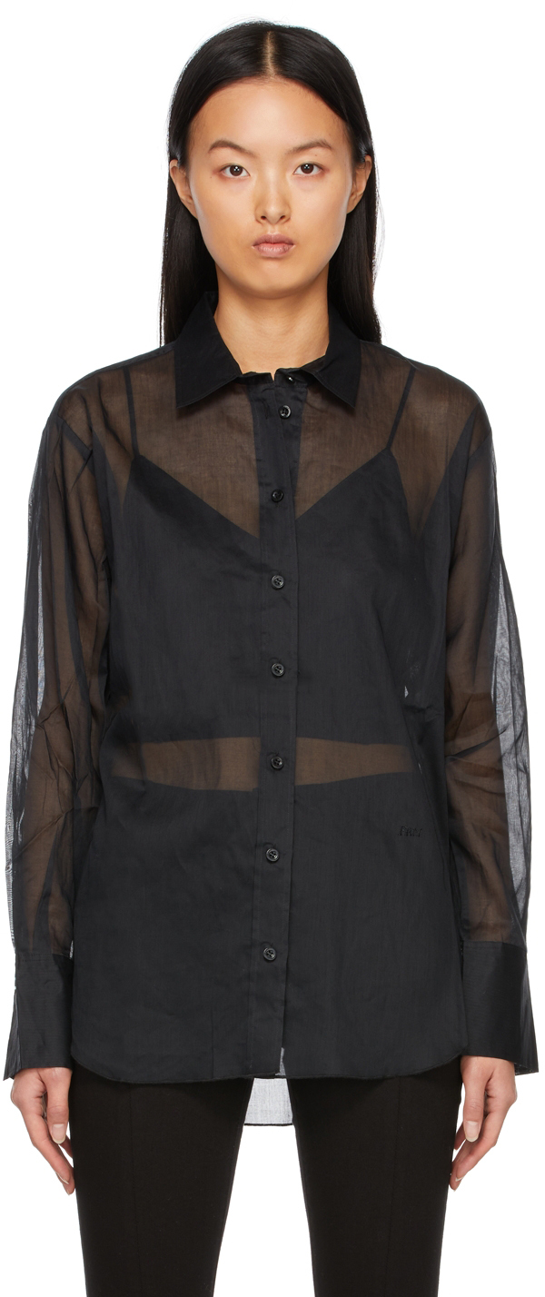Topshop long sleeve organza sheer shirt with pockets in black