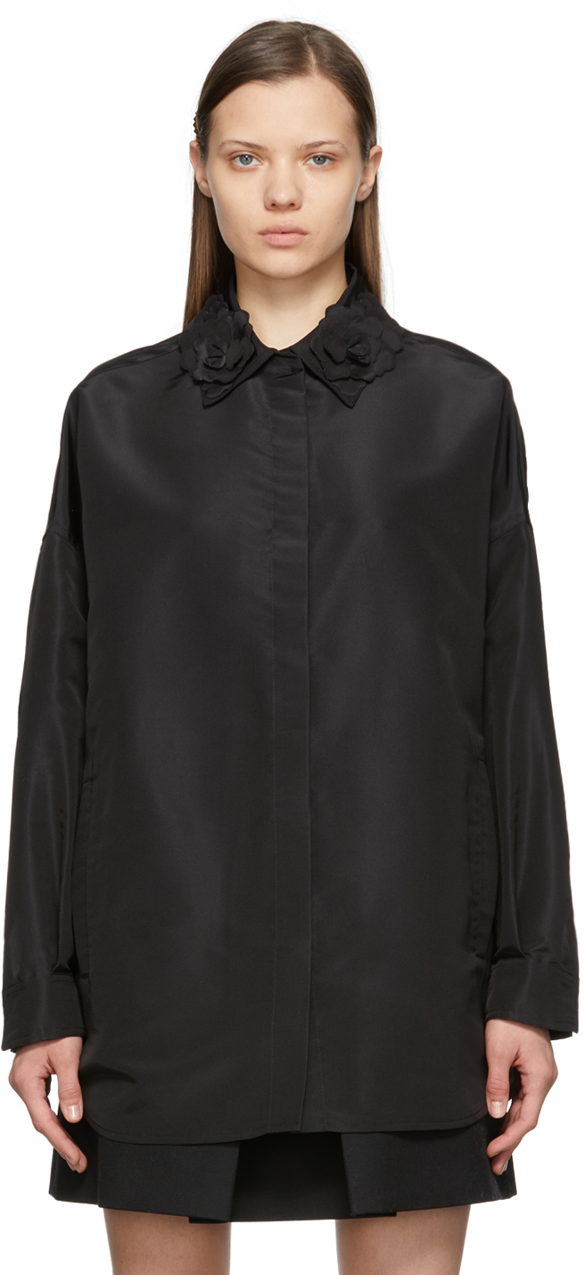 Valentino Black Silk Flower Collar Shirt