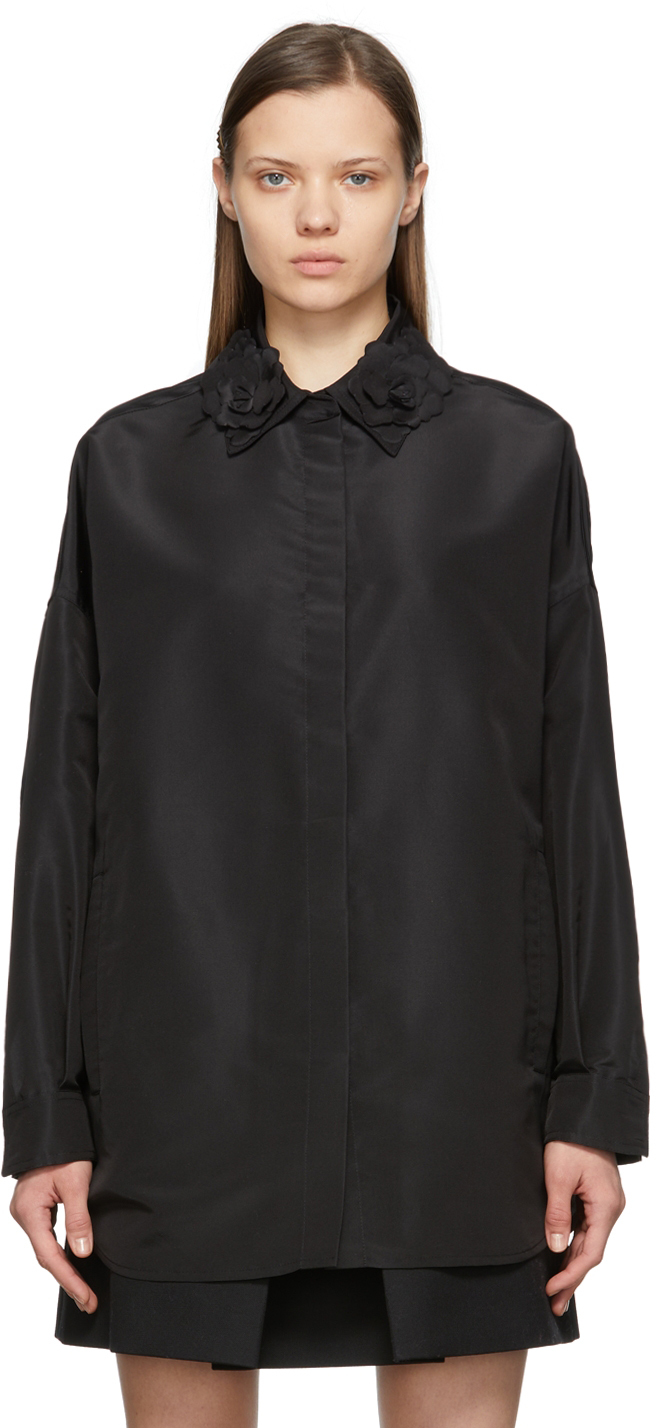 Black Silk Flower Collar Shirt by Valentino on Sale