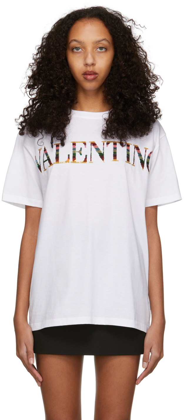Valentino Sequin-embellished Embroidered Cotton-jersey T-shirt In White