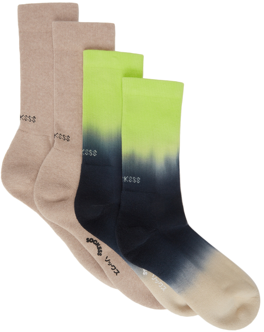 Two-Pack Beige & Green Cotton Socks