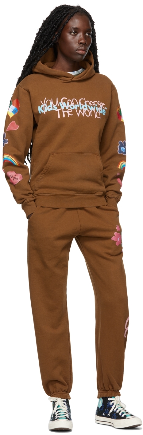 Kids Worldwide Respect Print Cotton Track Pants In Cdc Brown