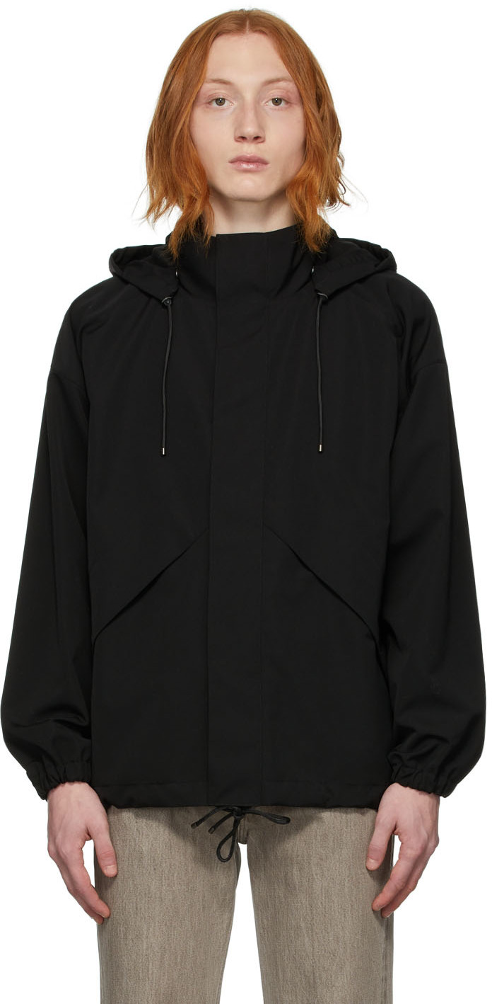AURALEE: Black Wool Max Canvas Hooded Jacket SSENSE