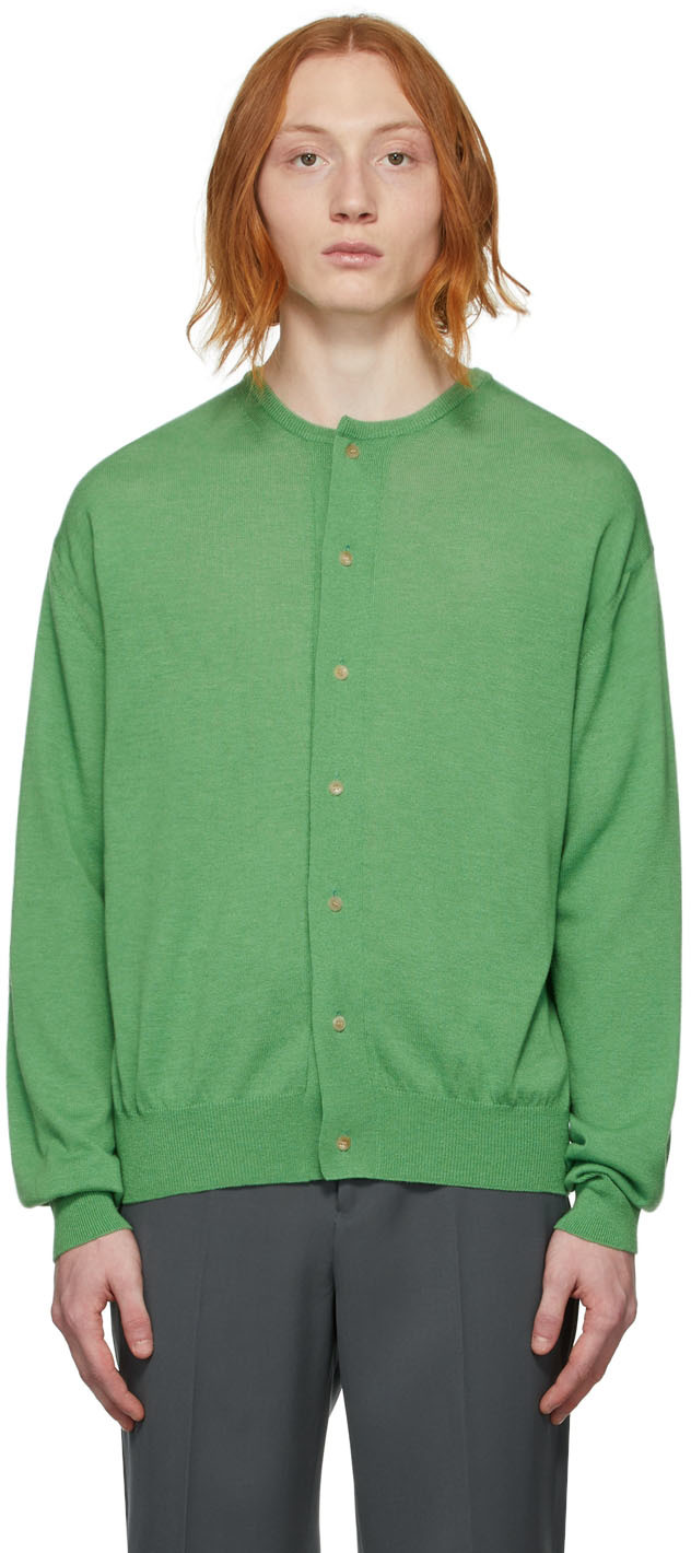 AURALEE: Green Cashmere Hard Twist Knit Cardigan | SSENSE