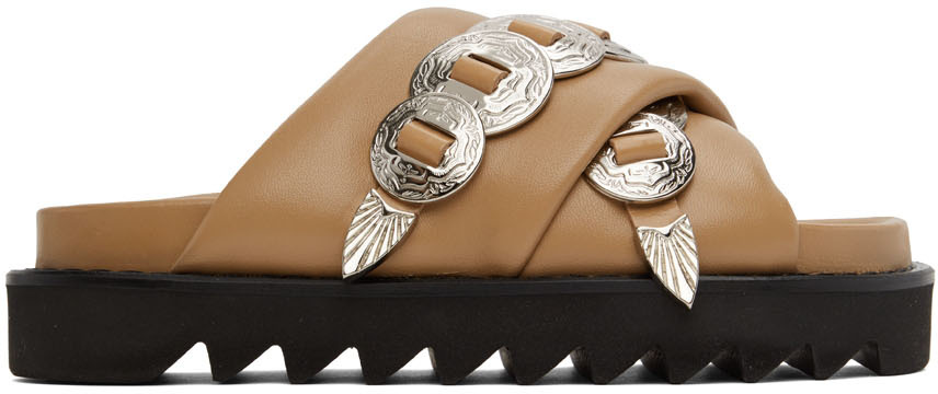 SSENSE Exclusive Beige Leather Cross Strap Sandals SSENSE Women Shoes Sandals 