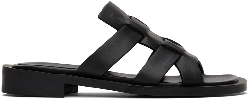 Black Leather Flat Sandals