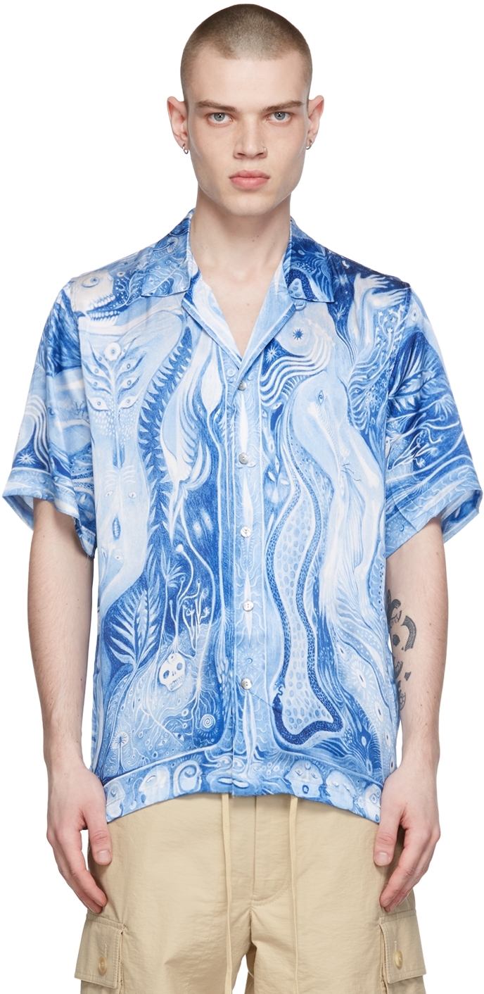 Endless Joy Dark Star Camp-collar Printed Organic Silk-satin Shirt In Blue