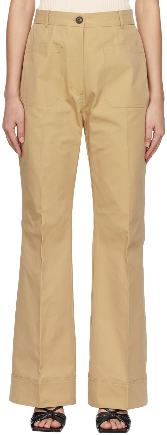 Beige Cotton Patch Pocket Flared Trousers