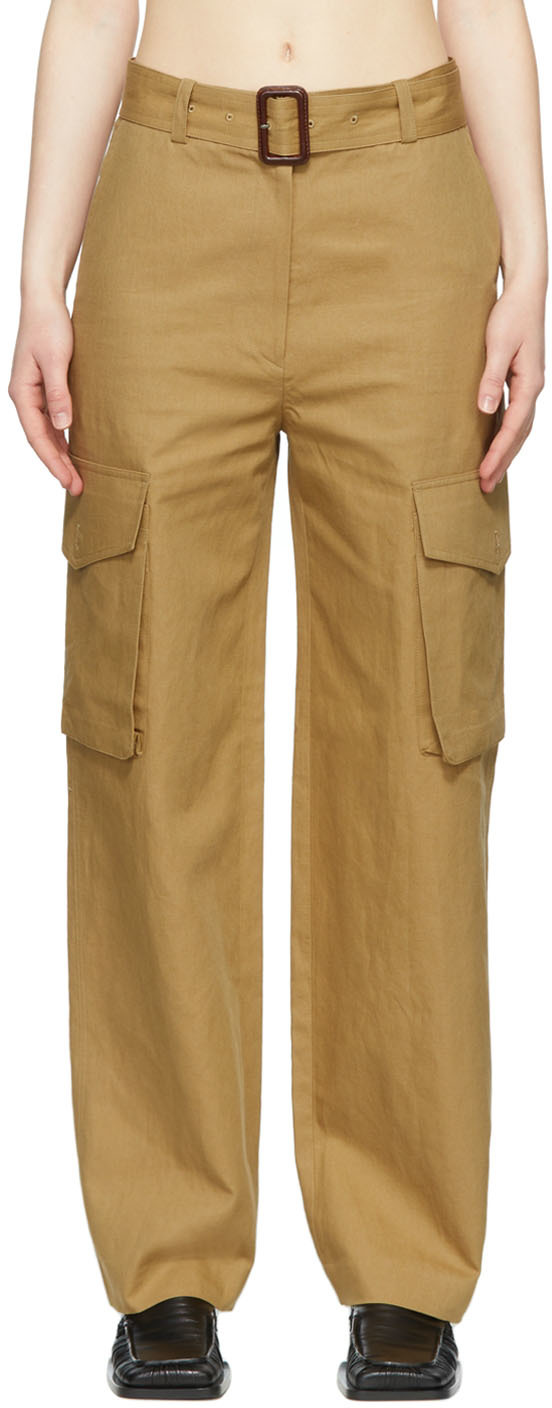Beige Linen Trousers by DRAE on Sale