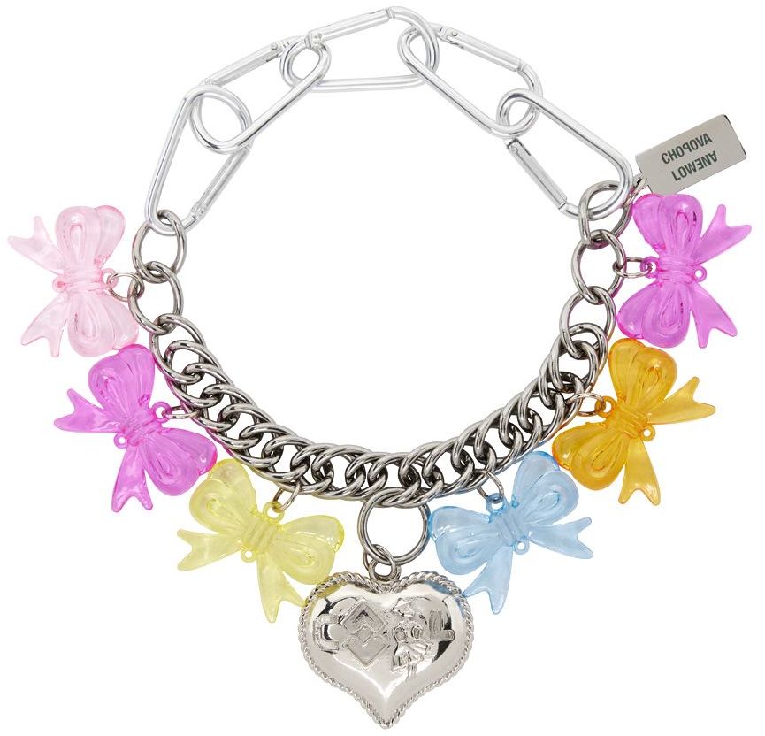 Chopova Lowena Multicolor Acrylic Bow & Engraved Heart Necklace