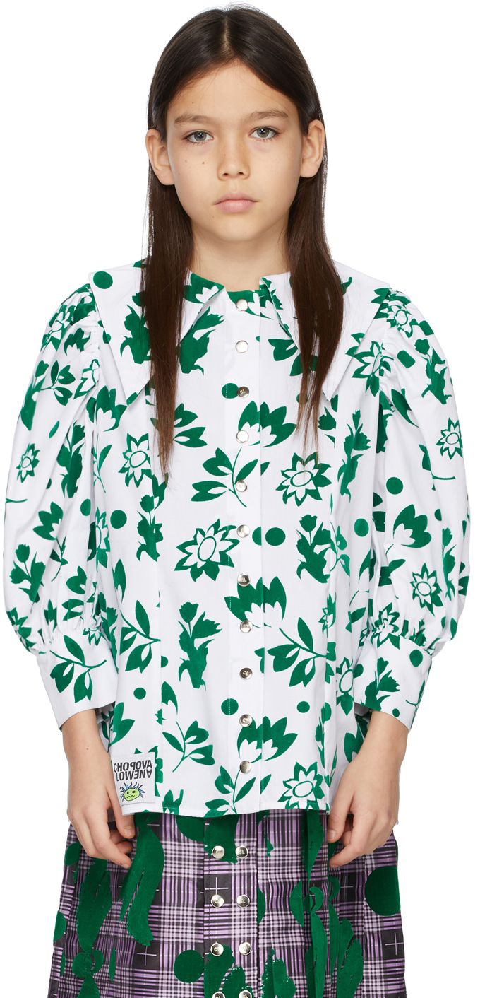 CHOPOVA LOWENA KIDS WHITE & GREEN FLOCKED SHIRT 