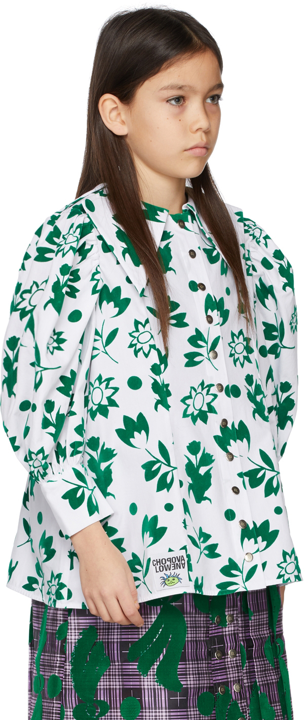 CHOPOVA LOWENA KIDS WHITE & GREEN FLOCKED SHIRT 