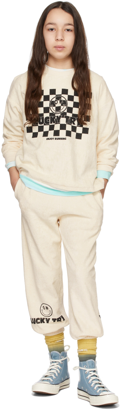 Luckytry Kids Off-white Ok Border Check Lounge Set In Ivory