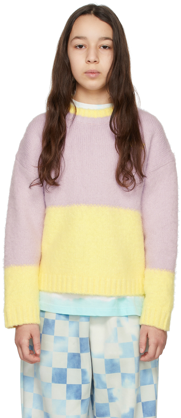 LUCKYTRY KIDS YELLOW & PURPLE HALF COLOR ROUND SWEATER