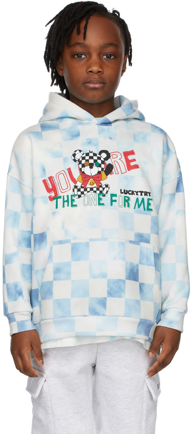 Luckytry Kids Blue Vintage Checked Bear Hoodie In Blue