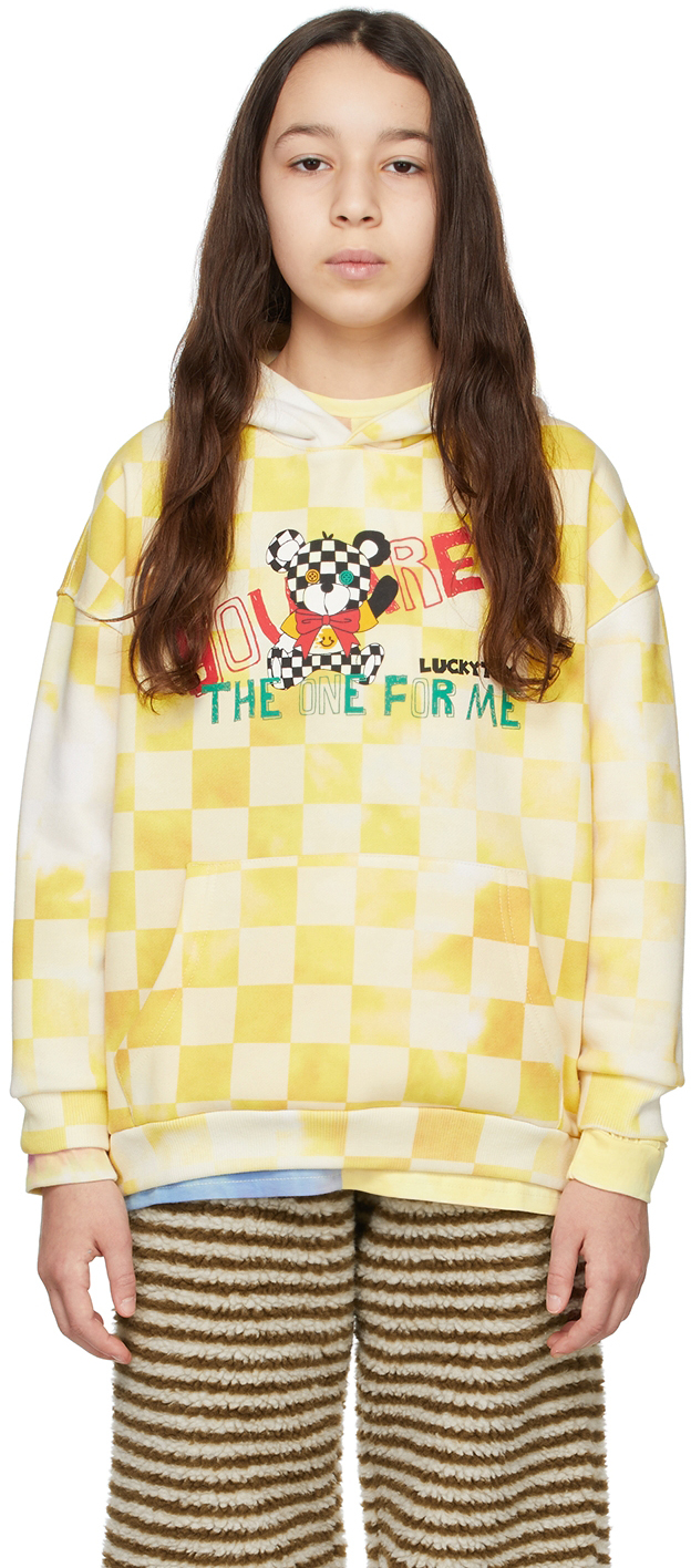 LUCKYTRY KIDS YELLOW VINTAGE CHECKED BEAR HOODIE