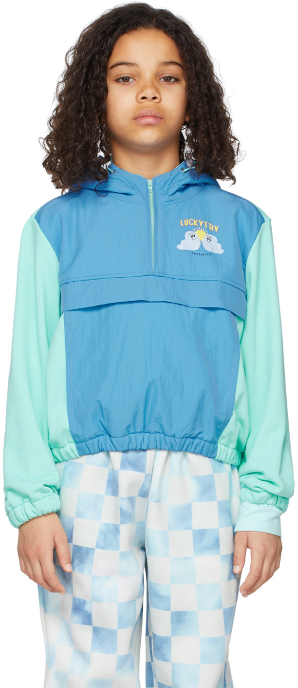 Luckytry Kids Blue & Green Windbreaker Hoodie In Blue