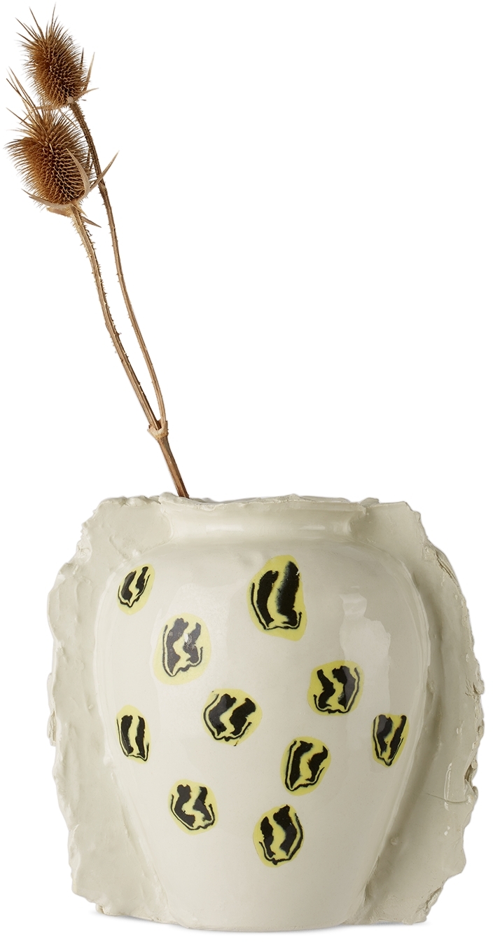Dum Keramik Off-white Multi Smiley Face Vase In Yellow