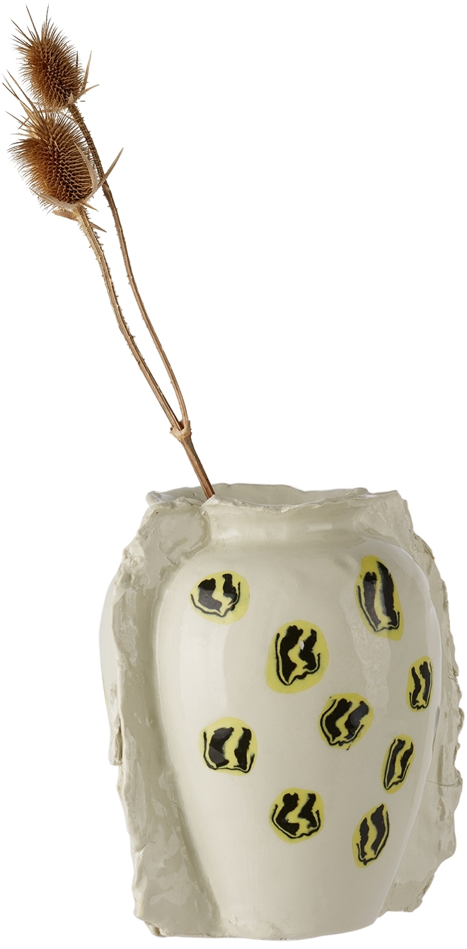 Dum Keramik Off-white Multi Smiley Face Vase In Yellow