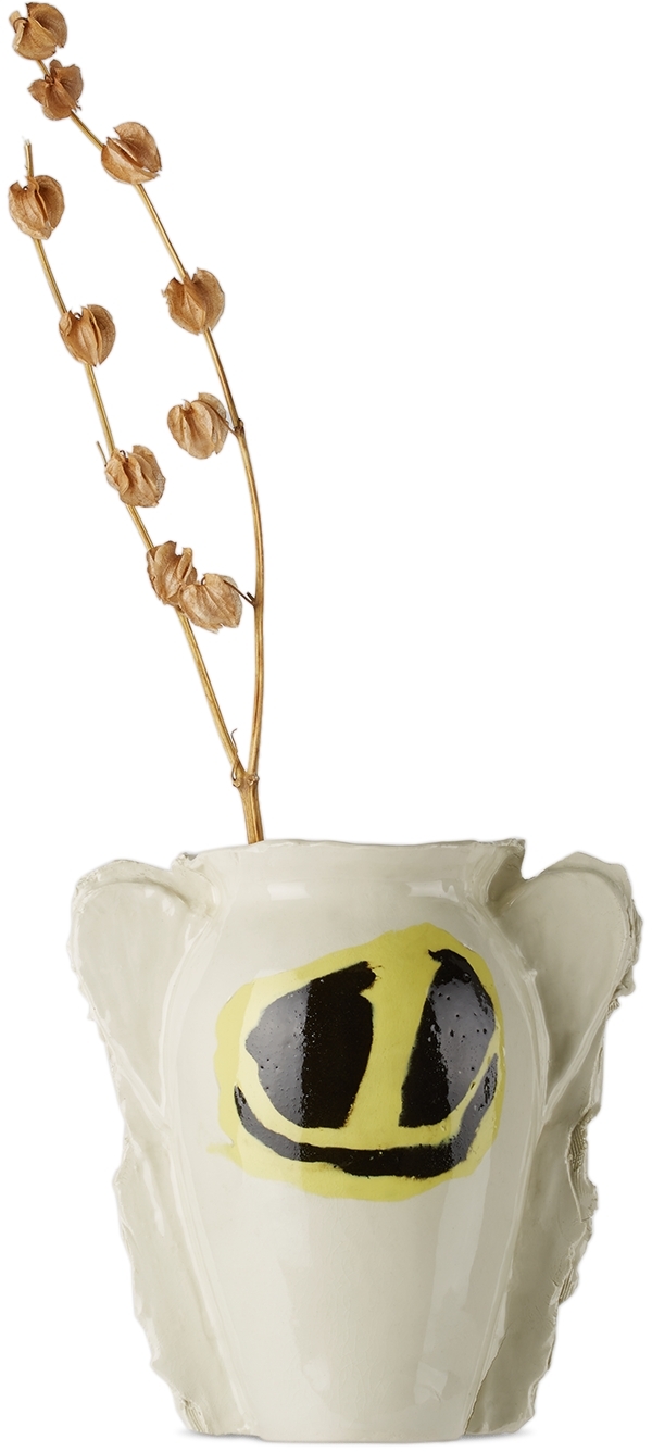 Dum Keramik Off-white One Smiley Face Vase In Yellow