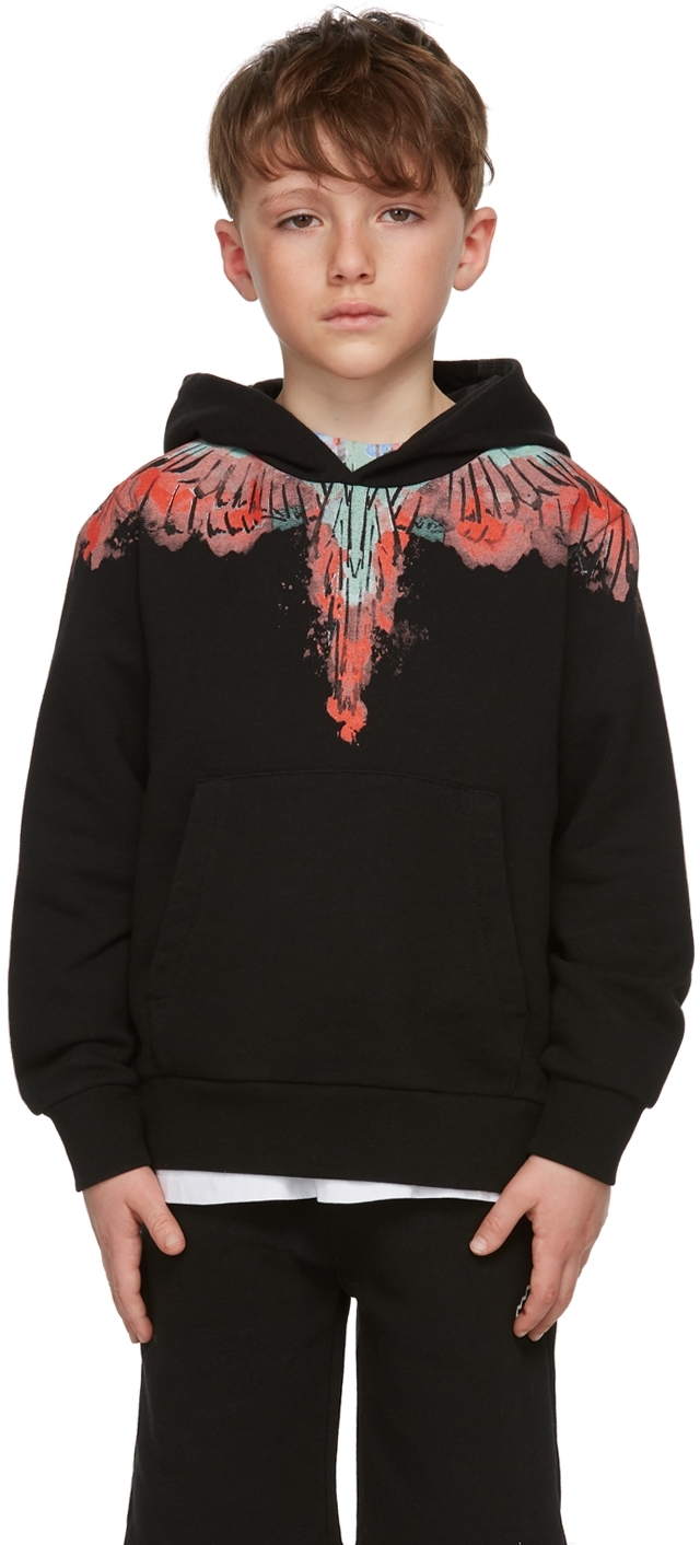 Marcelo Burlon County Of Milan Kids Black Watercolor Wings Hoodie In Black Multicolor