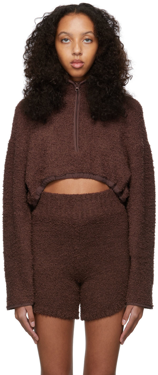 Brown Cozy Knit Cropped Sweatshirt