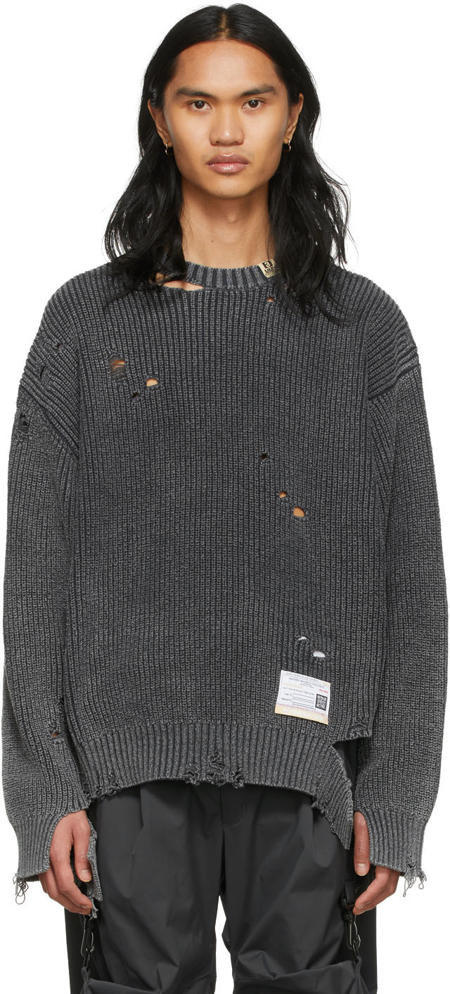 Miharayasuhiro: Black Bleached Knit Sweater | SSENSE UK