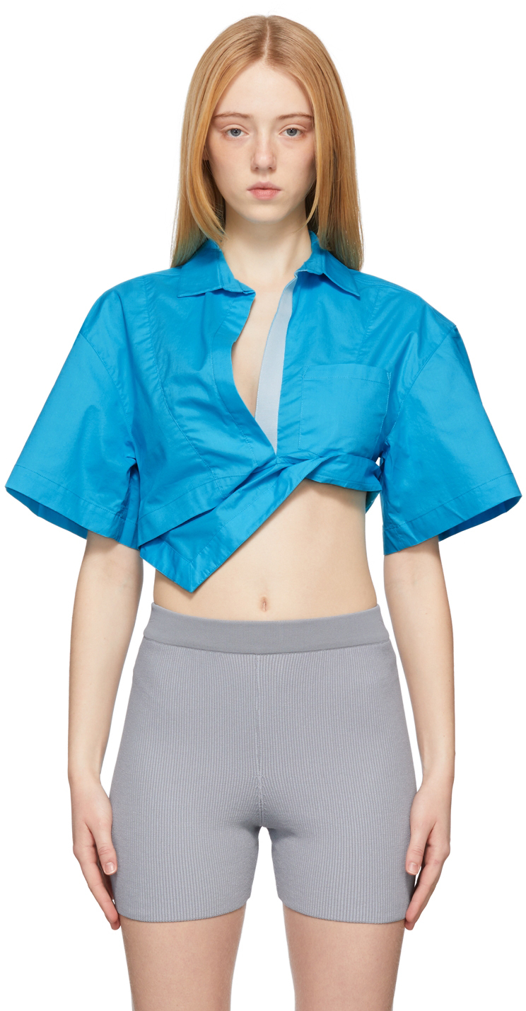 Jacquemus Capri Asymmetric Cropped Cotton-poplin Shirt In Blue