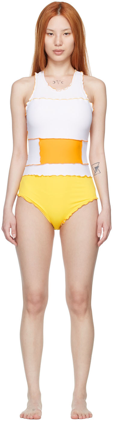 SHERRIS YELLOW & WHITE NYLON ONE-PIECE SWIMSUIT