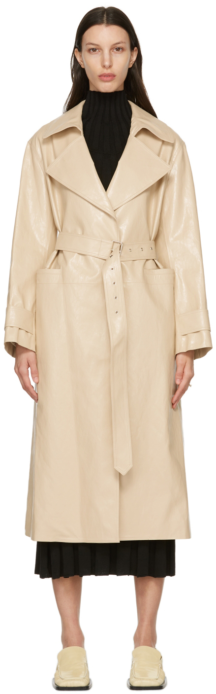 Beige Faux-Leather Trench Coat