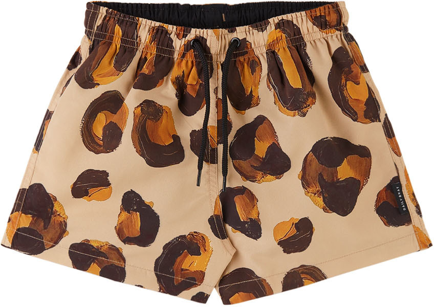 Daily Brat Kids Beige Leopard Swim Shorts In Painted Leopard