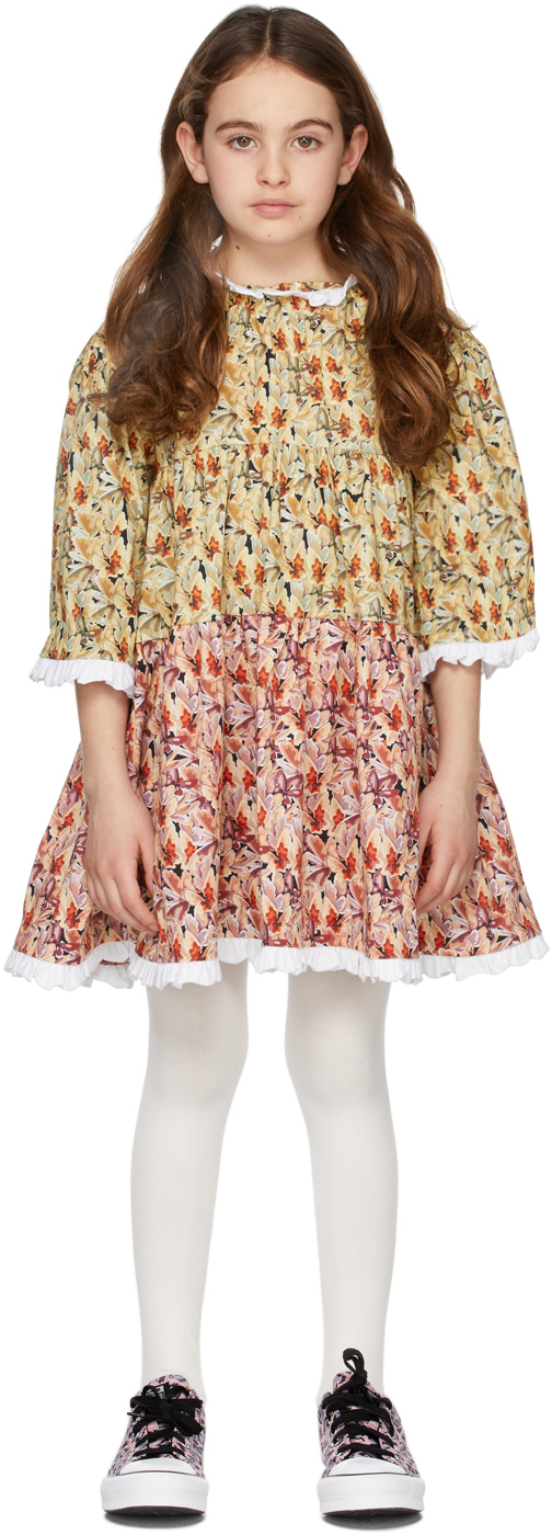 Shop Kika Vargas Kids Khaki & Pink Florie Bicolor Printed Dress In Red/khaki