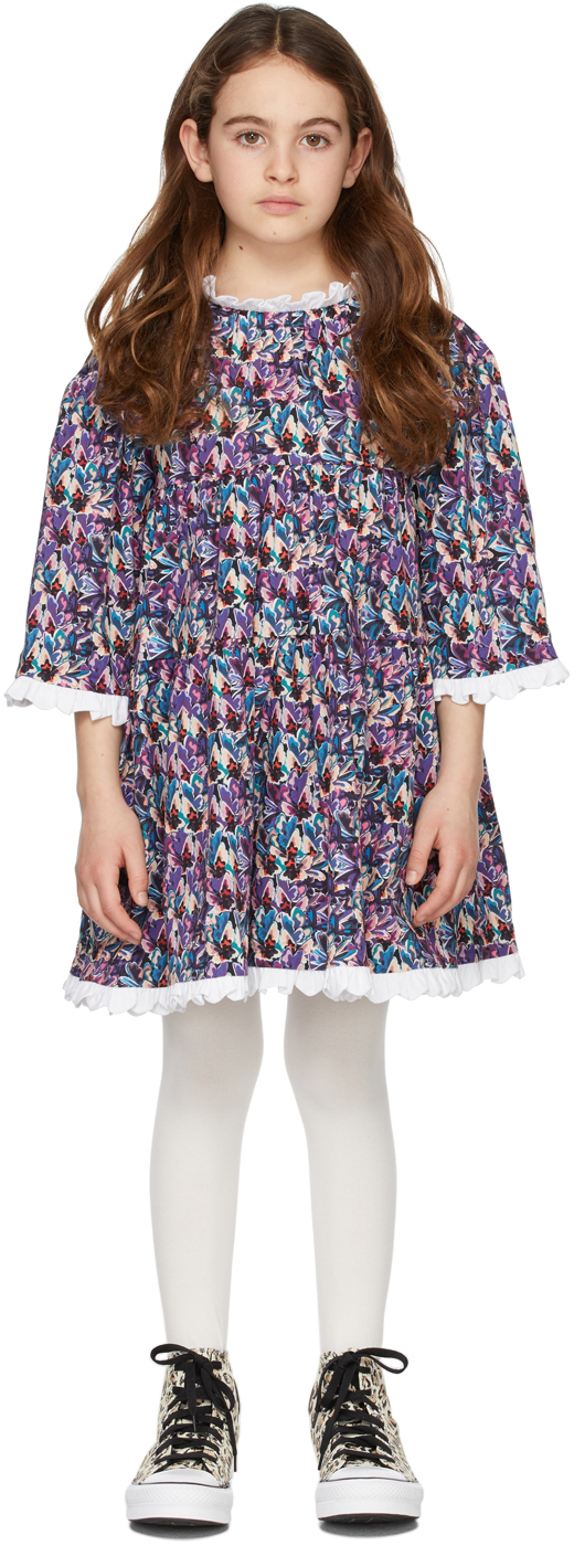 Shop Kika Vargas Kids Purple Florie Bicolor Printed Dress In Blue