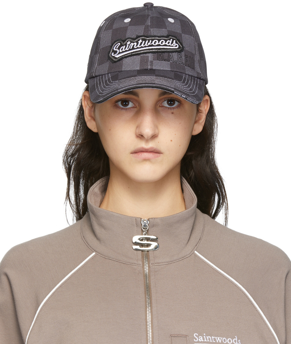 Saintwoods: Black & Grey Checkered Distressed Baseball Cap | SSENSE Canada