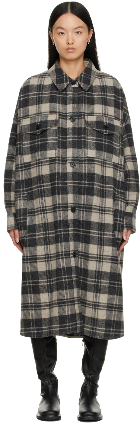 Isabel Marant Etoile Black & Beige Wool Fontia Plaid Coat