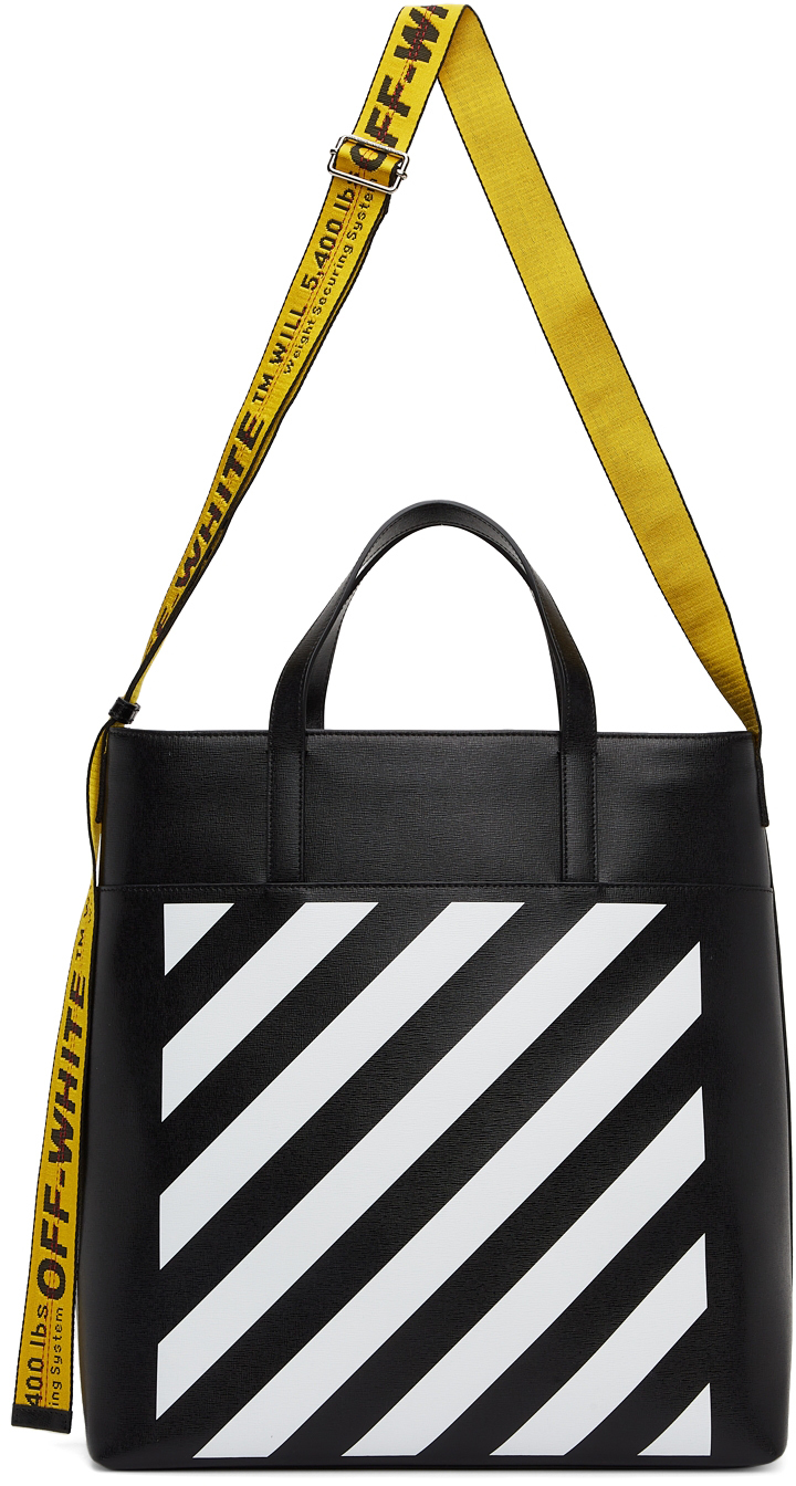 Off White saffiano leather tote bag with diagonal print