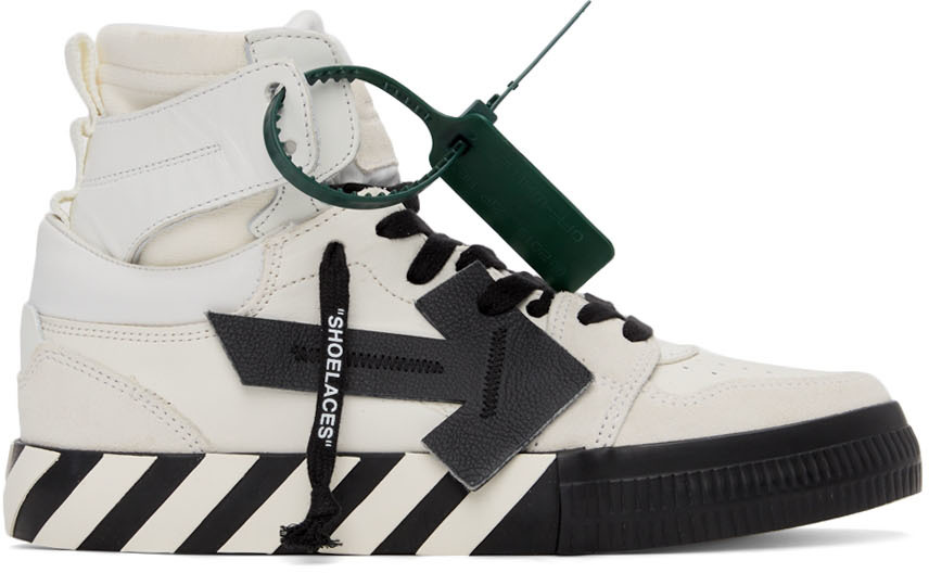 Off-white Men's Arrow Leather Vulcanized High-top Sneakers In White+black