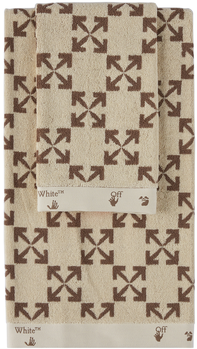 OFF-WHITE BEIGE & BROWN ARROW PATTERN TOWEL SET