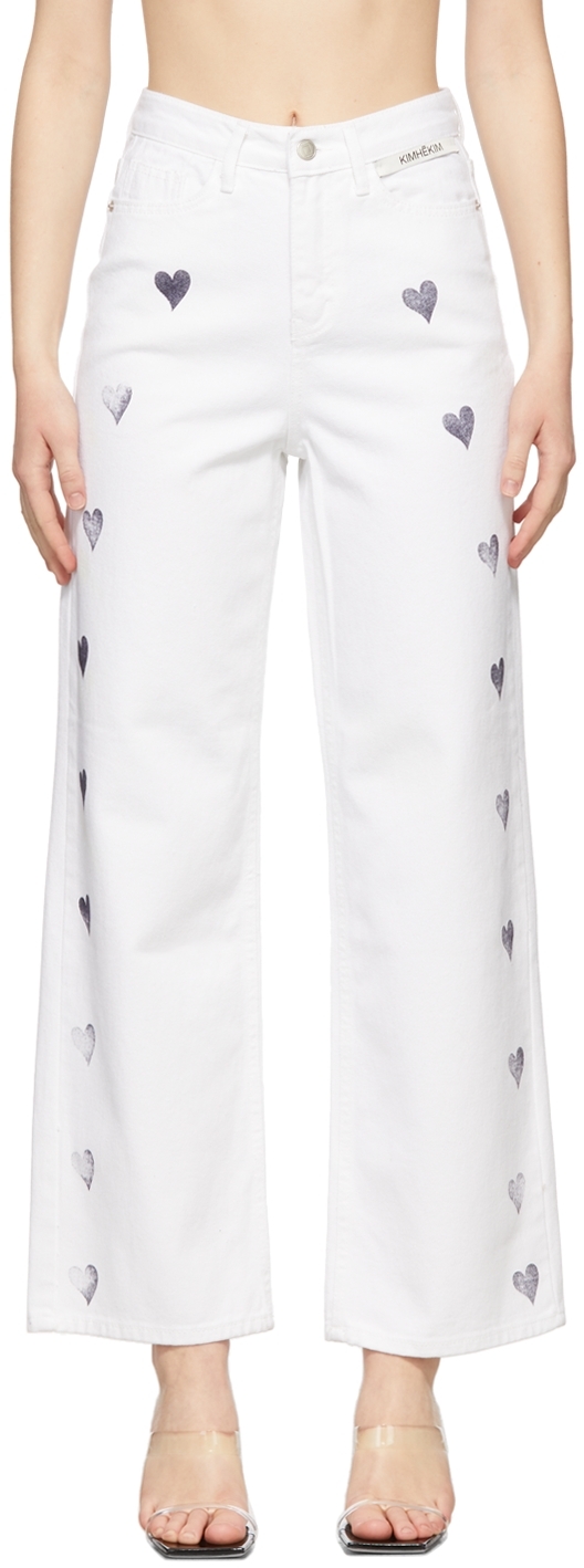 White Heart Stamped Denim Jeans | SSENSE