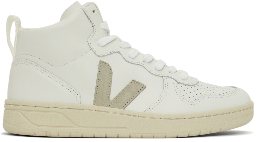 Veja: White Leather V-15 High-Top Sneakers | SSENSE