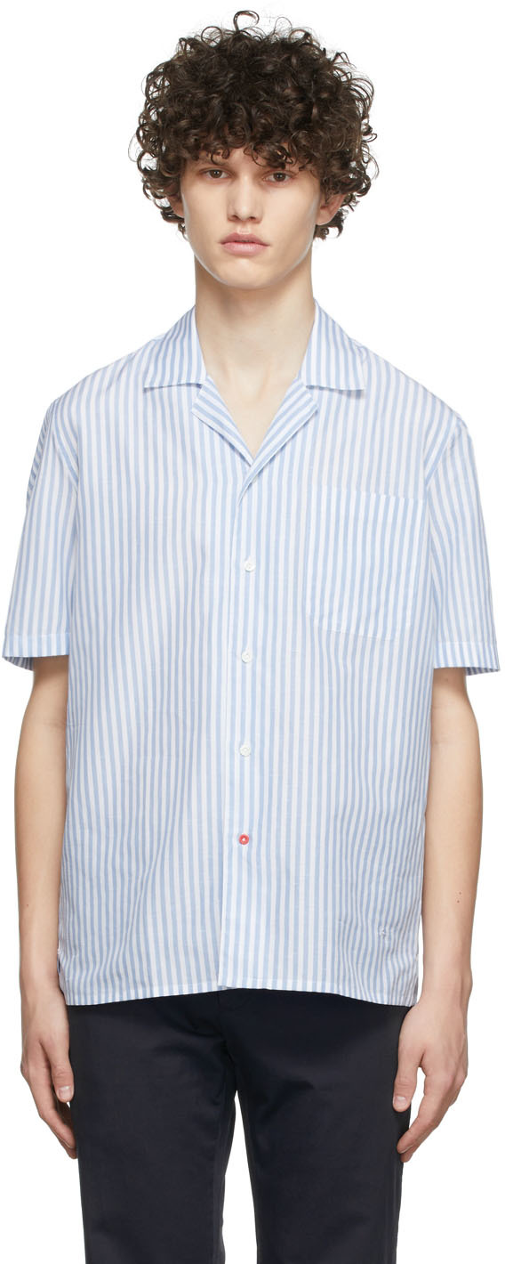 Blue \u0026 White Cotton Shirt by Isaia on Sale